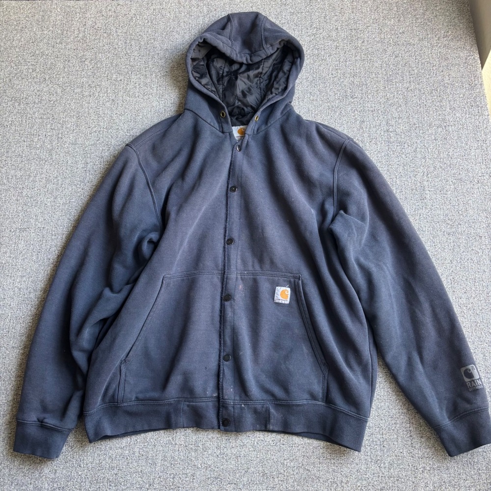 Carhartt Hoodie Mens L Navy Rain Defender Quilted Snap Front Workwear Jacket